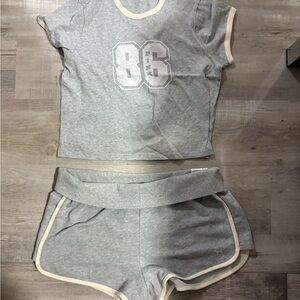 Gray Ringer Crop Top & Shorts Set with Cream Trim